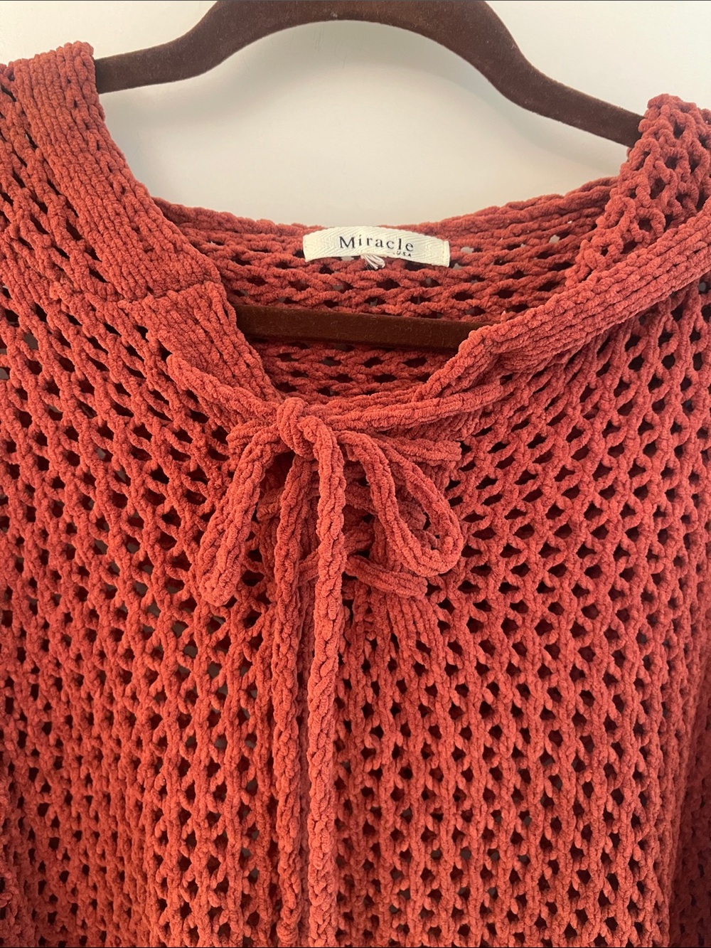 Miracle Rust Open-Weave Chenille Tie-Neck Pullover - Picture 2 of 10